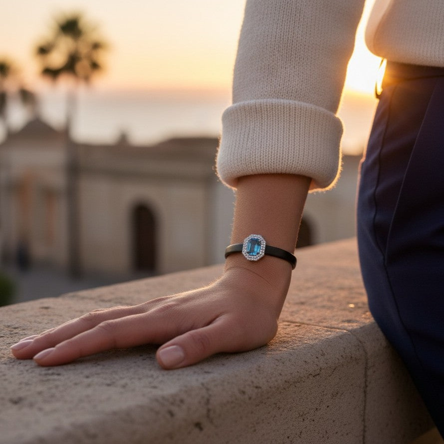 Natural Swiss Blue Topaz Wristlet, Double Halo, Oval, Premium Leather Strap