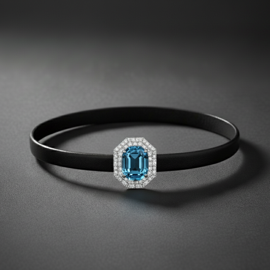 Natural Swiss Blue Topaz Wristlet, Double Halo, Oval, Premium Leather Strap